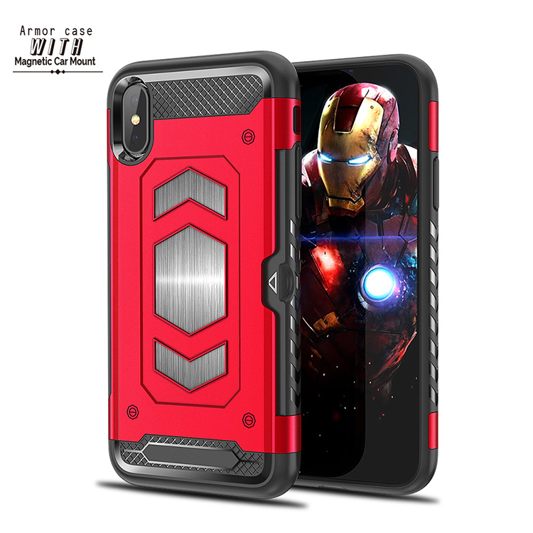 iPHONE Xs Max Metallic Plate Case Work with Magnetic Holder and Card Slot (Red)